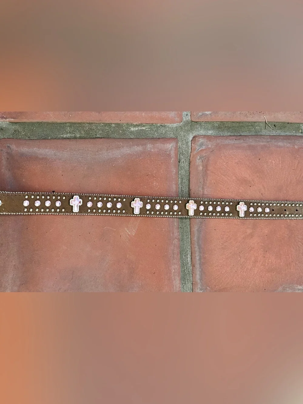Rhinestone Cross Studded Brown Leather Belt